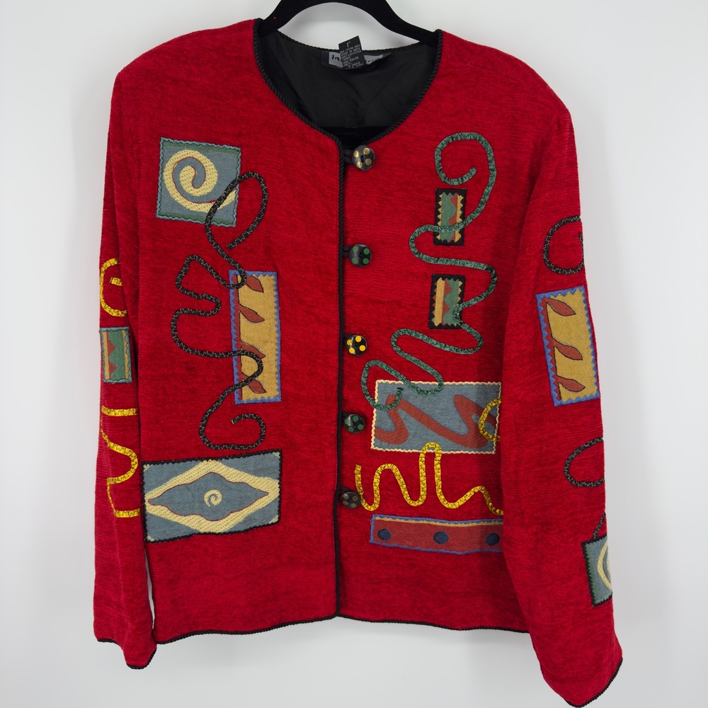 Indigo Moon Red Embroidered Artistic Button Front Jacket Womens Large Rayon